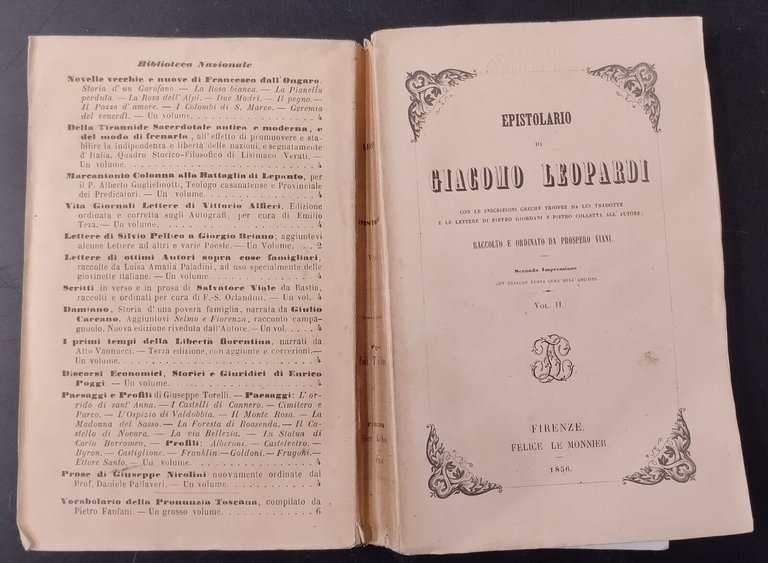EPISTOLARIO DI GIACOMO LEOPARDI Volume 2 1856 Le Monnier Libro …