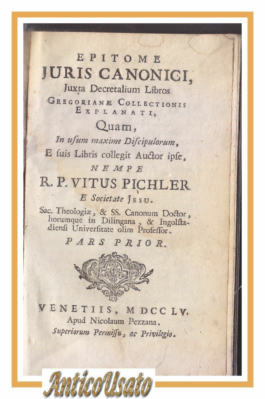 EPITOME JURIS CANONICI Tomo I di Vitus Pichler 1755 libro …