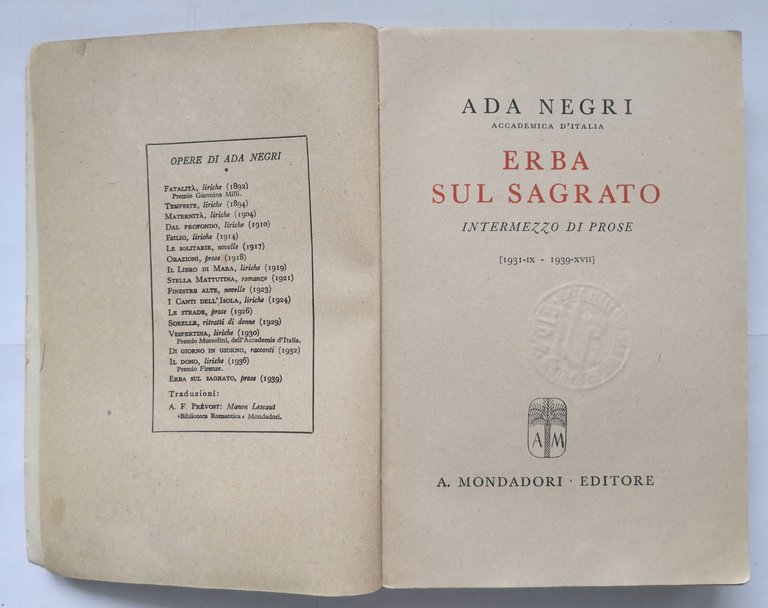 ERBA SUL SAGRATO intermezzo prose 1931 1939 di Ada Negri …