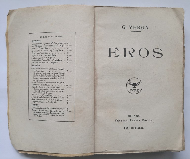EROS di Giovanni Verga 1920 Treves biblioteca amena libro romanzo …