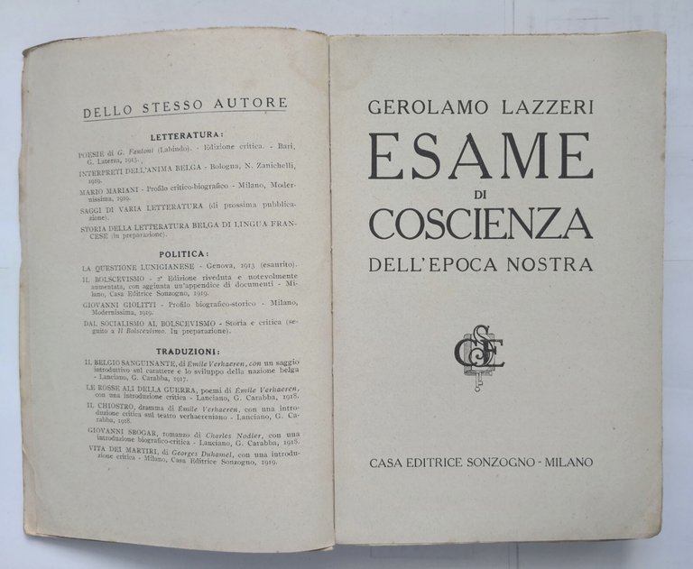 ESAME DI COSCIENZA DELL'EPOCA NOSTRA Gerolamo Lazzeri 1919 Sonzogno Libro