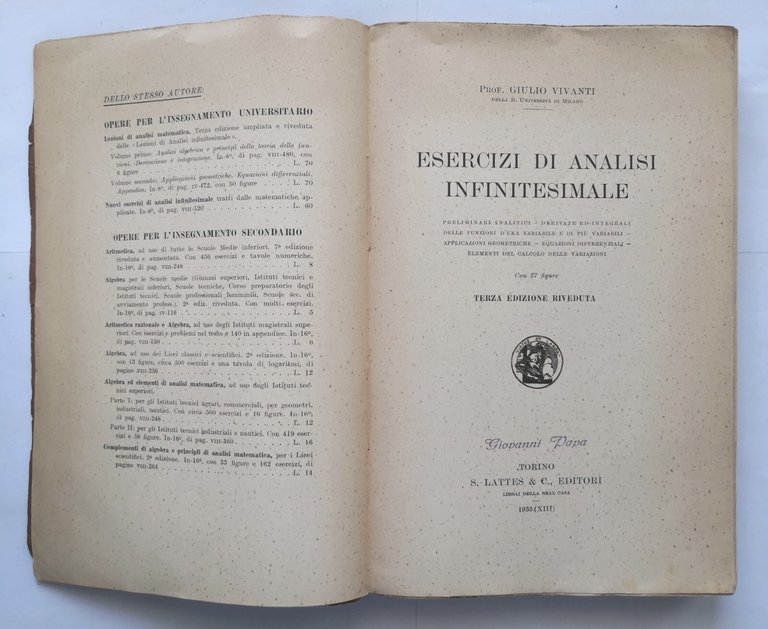ESERCIZI DI ANALISI INFINITESIMALE di Giulio Vivanti 1935 Lattes Libro …