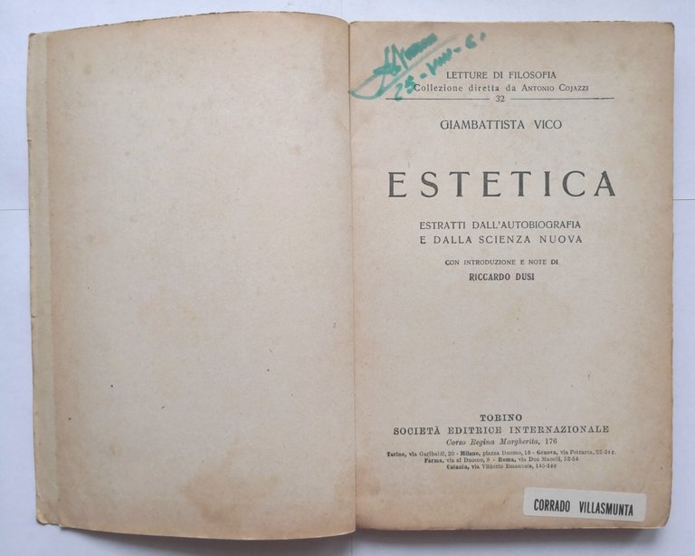 ESTETICA di Giambattista Vico 1946 Società Editrice Internazionale Libro filosof
