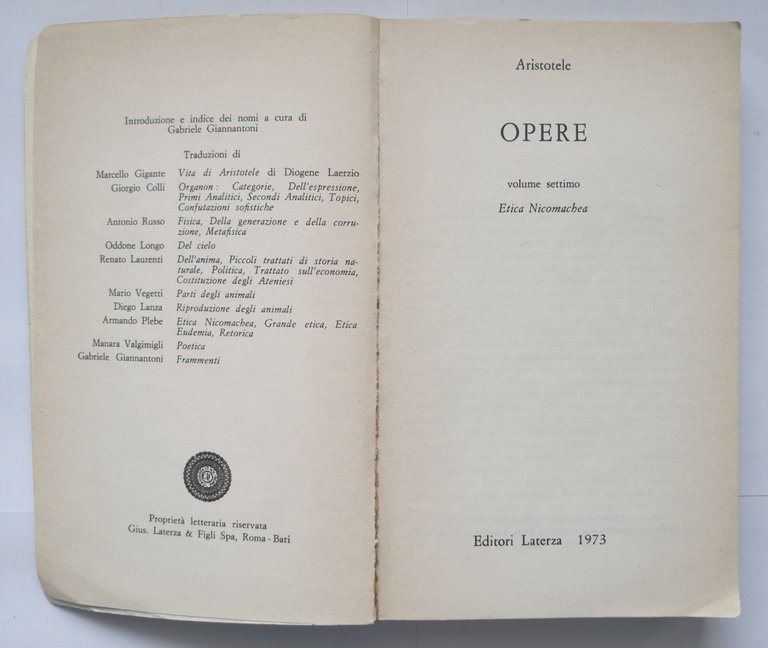 ETICA NICOMACHEA di Aristotele Opere volume VII 1973 Laterza Libro