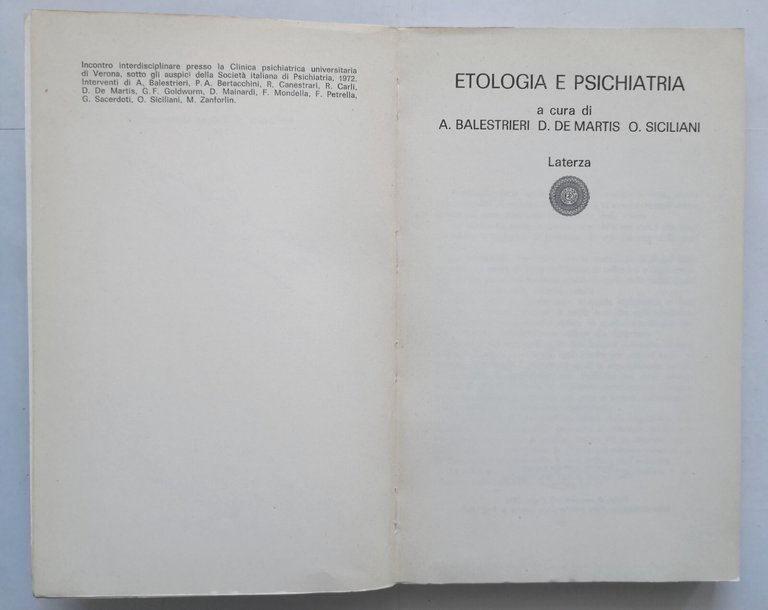 ETOLOGIA E PSICHIATRIA di Balestrieri De Martis e Siciliani 1974 …