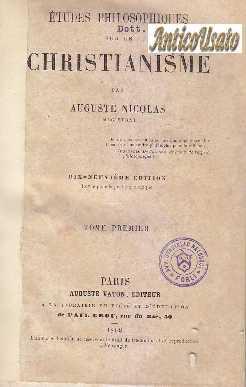Etudes Philosophiques Sur Le Christianisme di Nicolas 4 voll 1868 …