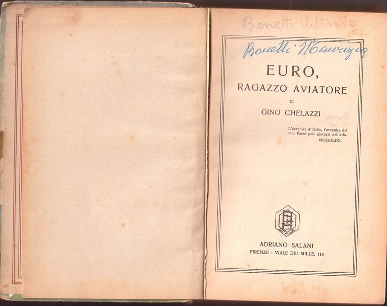 EURO RAGAZZO AVIATORE di Gino Chelazzi 1939 Salani biblioteca miei …