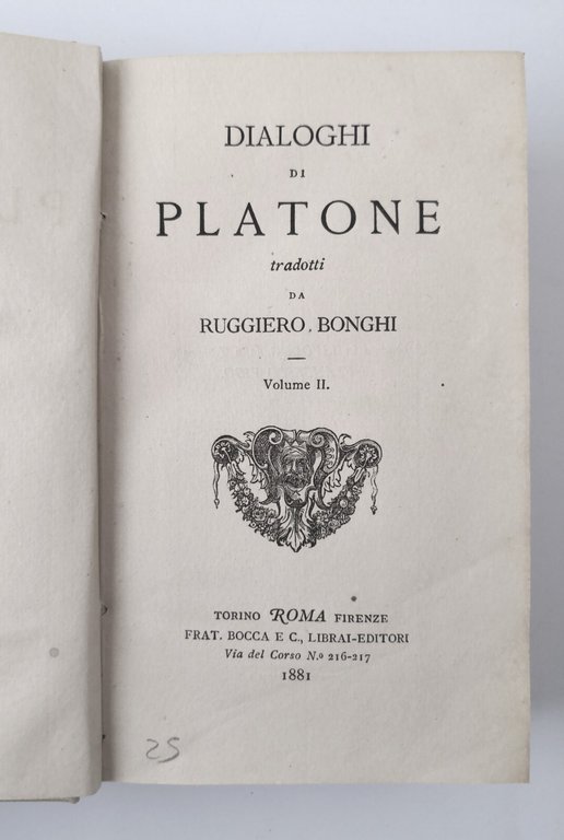 FEDONE DIALOGHI DI PLATONE volume 2 tradotti da Ruggero Bonghi …