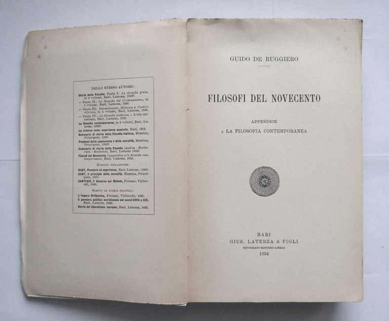 FILOSOFI DEL NOVECENTO di Guido De Ruggiero 1934 Laterza Libro …