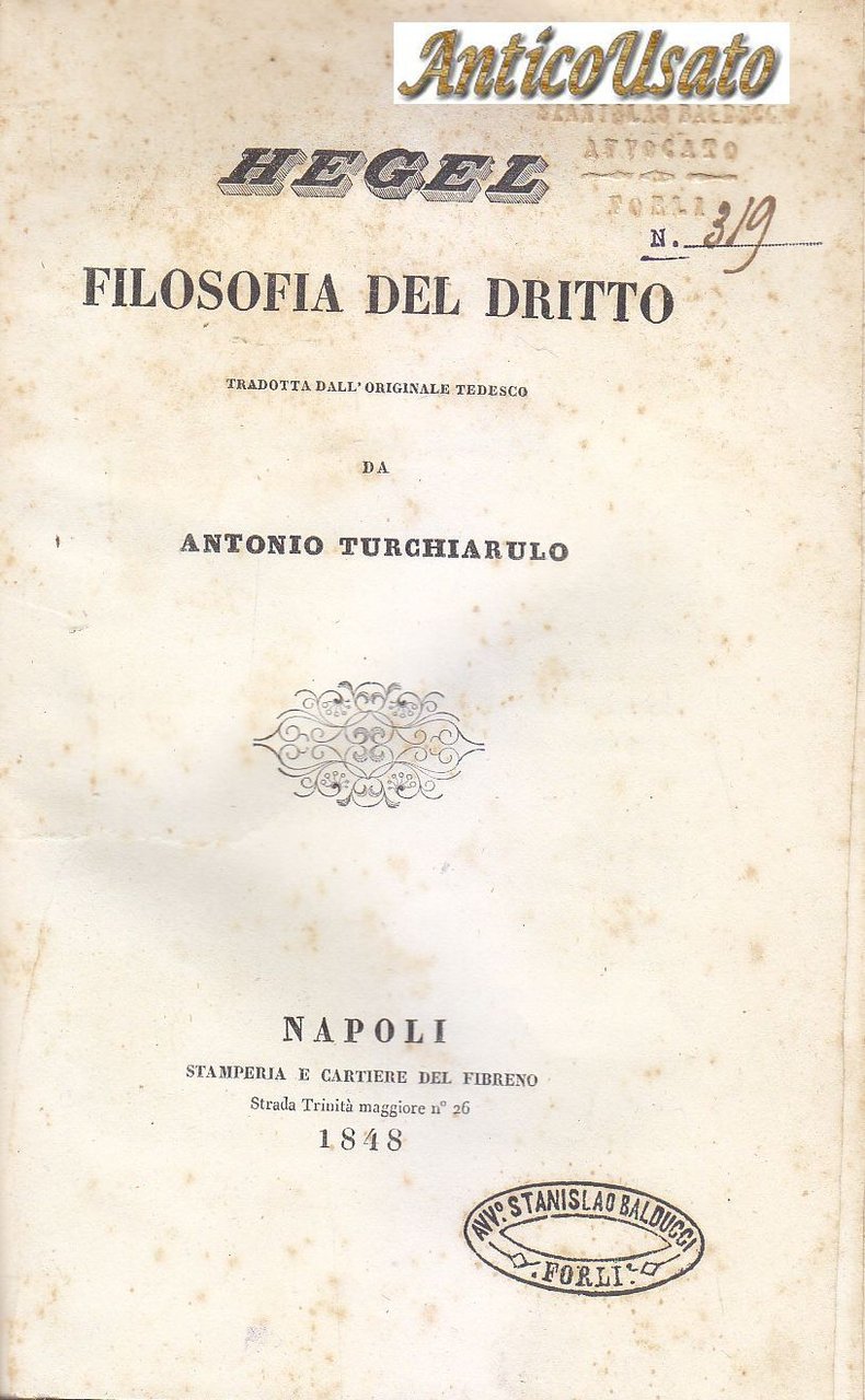 FILOSOFIA DEL DIRITTO di Hegel 1848 Stamperie Cartiere del Fibreno …