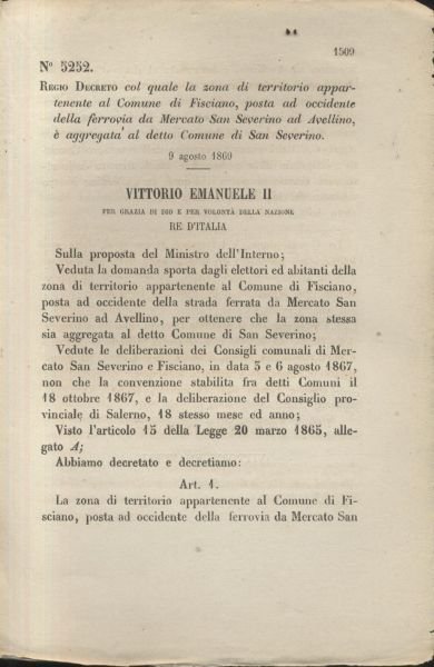 FISCIANO Regio Decreto 1869 MERCATO SAN SEVERINO AVELLINO Originale Antico …