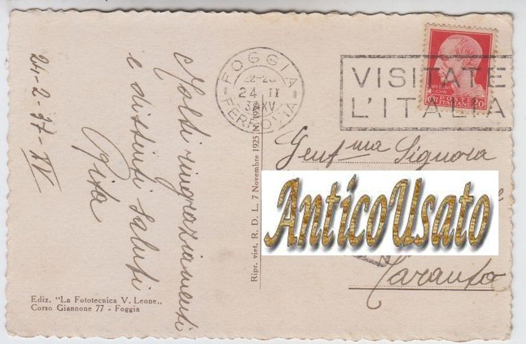 FOGGIA Piazza Cavour Viale XXIV Maggio Cartolina Viaggiata 1937 formato …