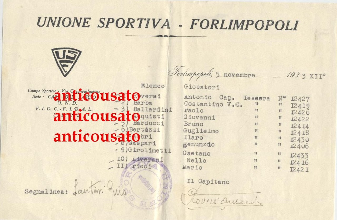 FORLIMPOPOLI calcio lettera intestata 1933 Autografo Antonio Roversi Romagna