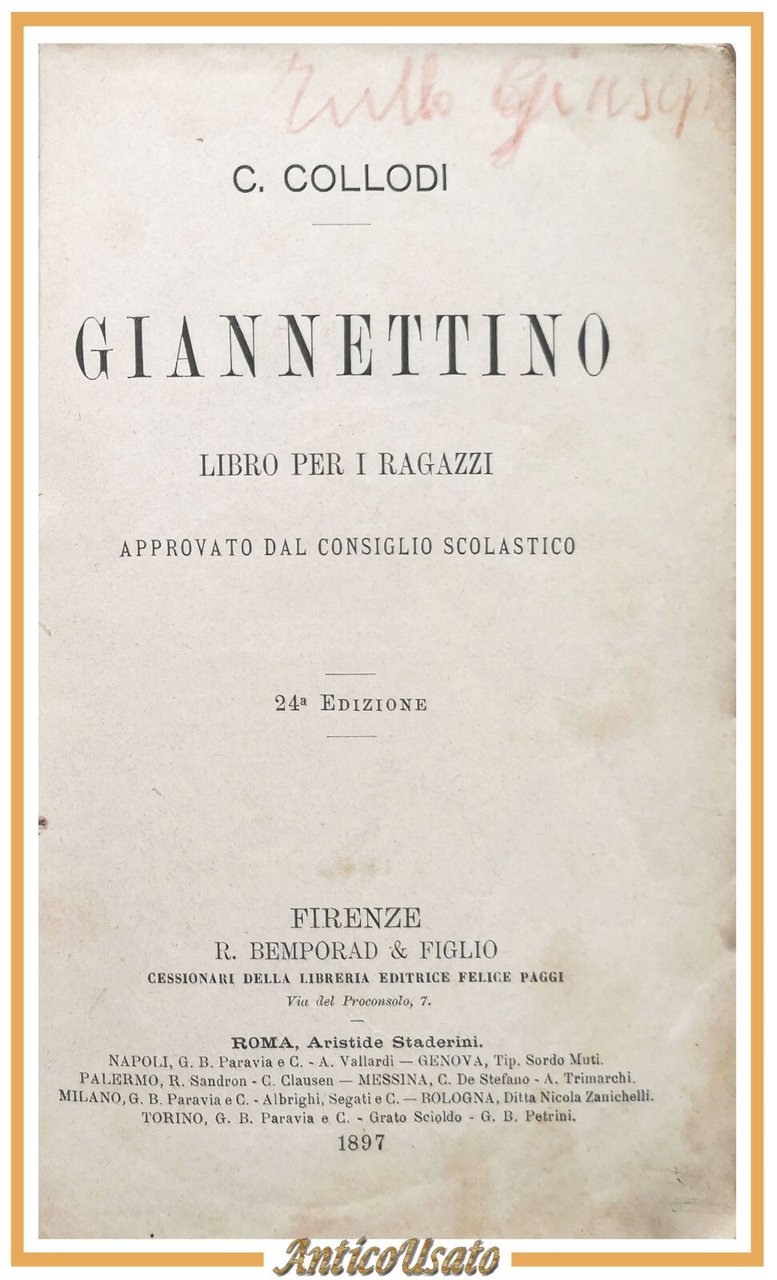 GIANNETTINO di Carlo Collodi 1897 Bemporad libro per ragazzi scolastico …
