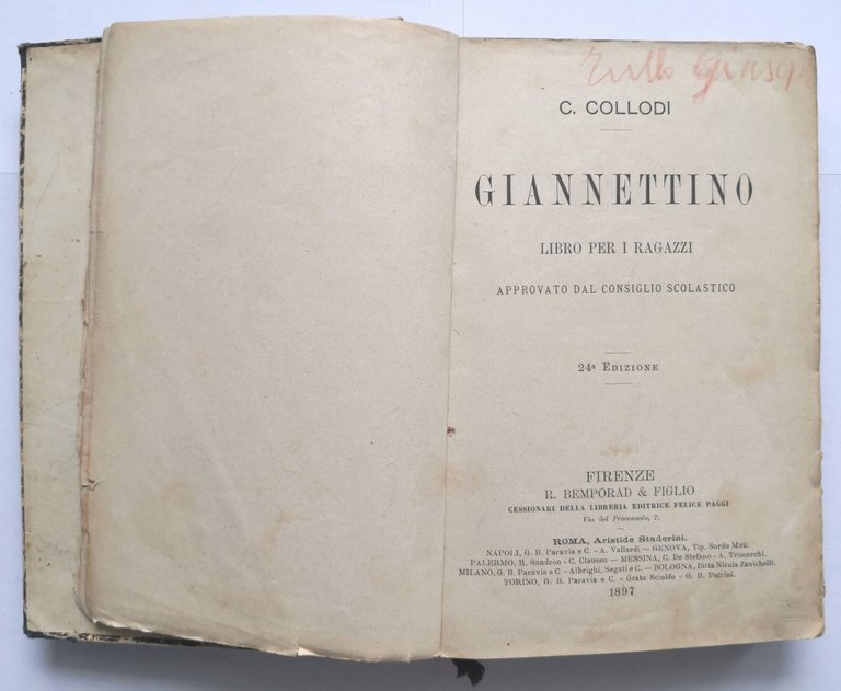 GIANNETTINO di Carlo Collodi 1897 Bemporad libro per ragazzi scolastico …