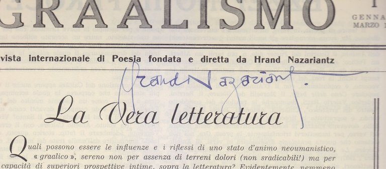 GRAALISMO anno I n 1 gennaio 1958 autografo Hrand Nazariantz …