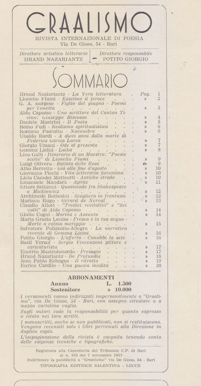 GRAALISMO anno I n 1 gennaio 1958 autografo Hrand Nazariantz …