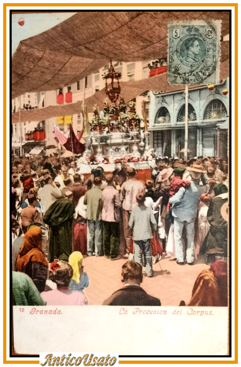 GRANADA LA PROCESION DEL CORPUS Tarjeta Cartolina antigua 1907? animata …