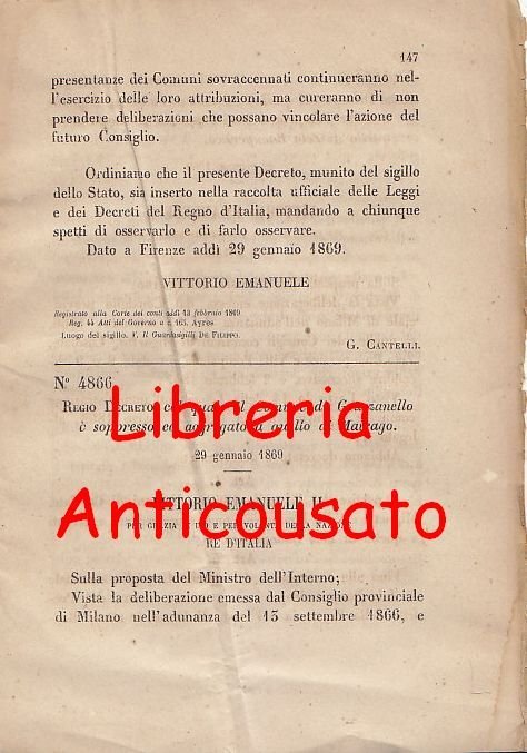 GRAZZANELLO Soppresso e Aggregato a MAIRAGO Regio Decreto 1869 originale …