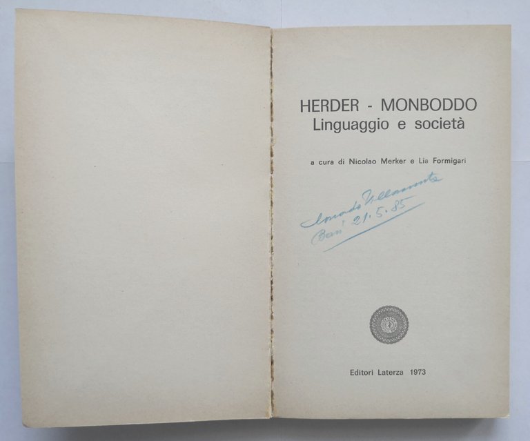 HERDER MONBODDO LINGUAGGIO E SOCIETÀ di Merker e Formigari 1973 …