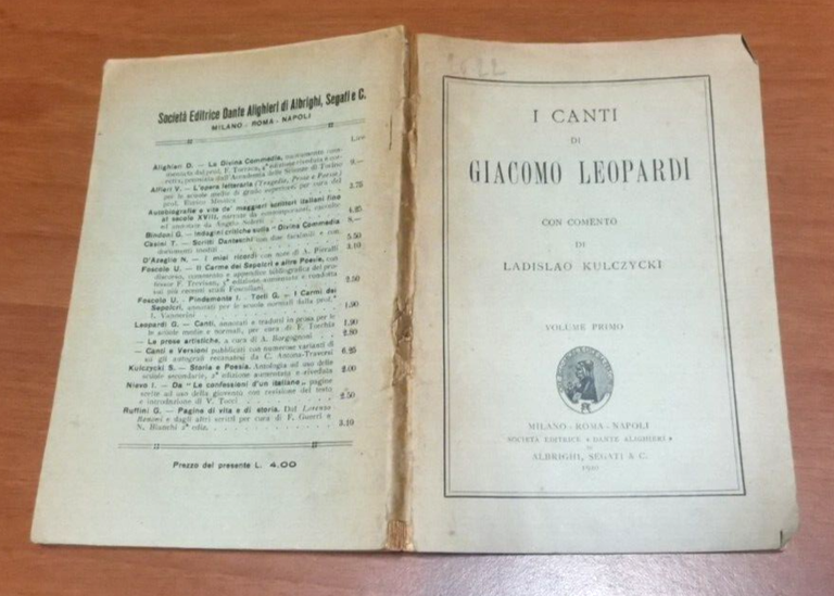 I CANTI di Giacomo Leopardi volume I con commento Ladislao …