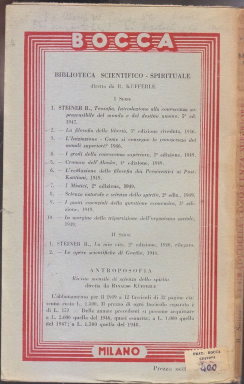 I GRADI DELLA CONOSCENZA SUPERIORE di Rudolf Steiner 1949 Bocca …