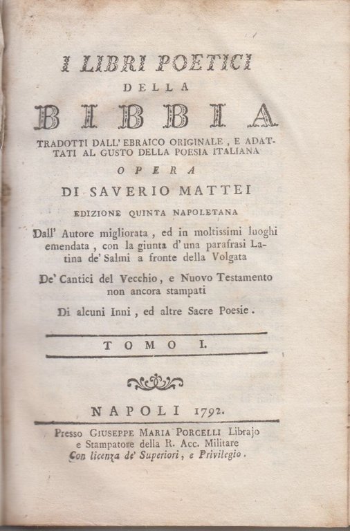 I LIBRI POETICI DELLA BIBBIA Tomo I di Saverio Mattei … | Immagine Gallery 2
