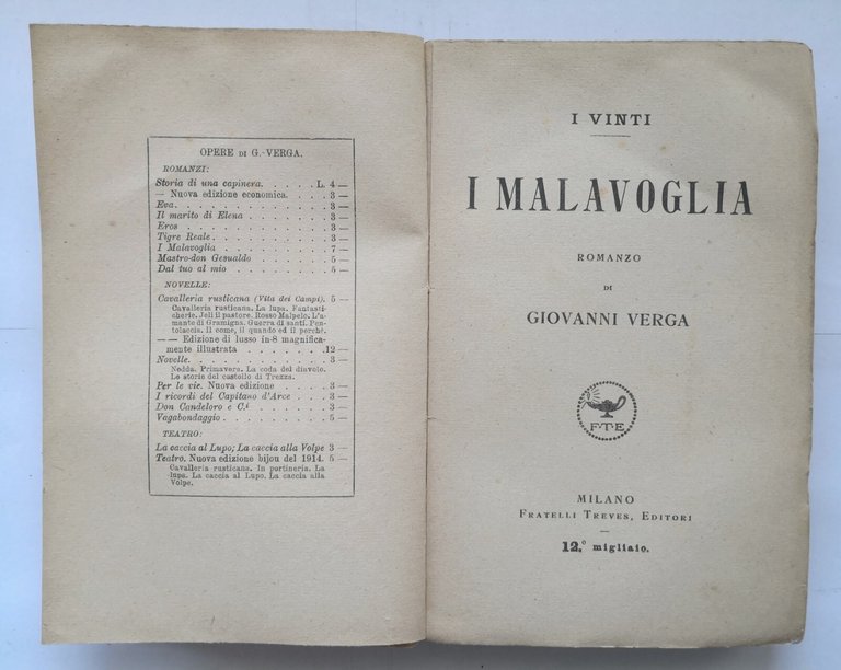 I MALAVOGLIA romanzo di Giovanni Verga 1920 Treves 12 migliaio …
