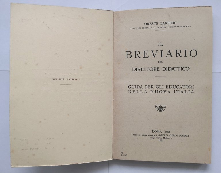 IL BREVIARIO DEL DIRETTORE DIDATTICO di Oreste Barbieri 1924 Libro …