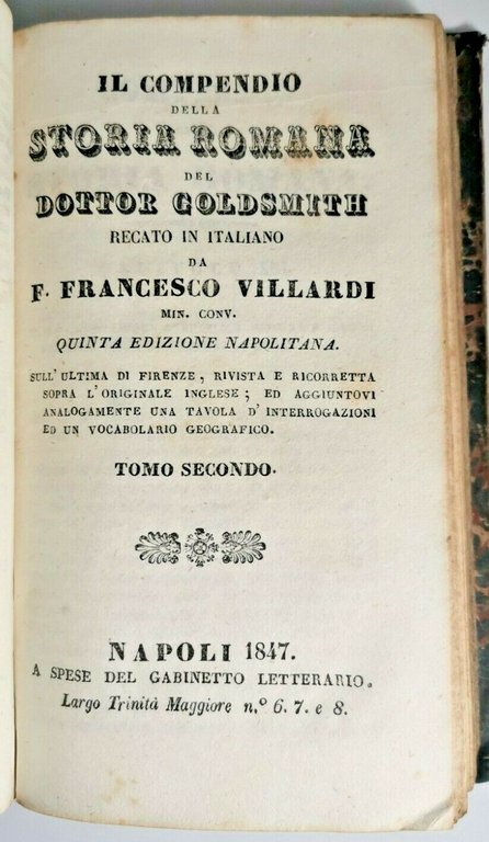 IL COMPENDIO DELLA STORIA ROMANA di Goldsmith 1847 2 libri …