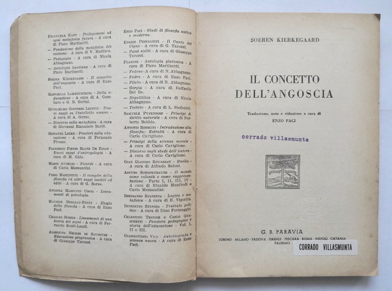 IL CONCETTO DELL'ANGOSCIA di Soeren Kierkegaard 1960 Paravia Libro filosofia