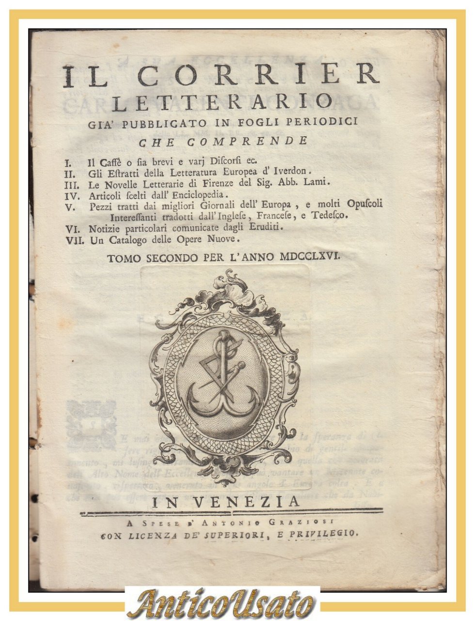 IL CORRIER LETTERARIO tomo II per l'anno 1766 Antonio Graziosi …