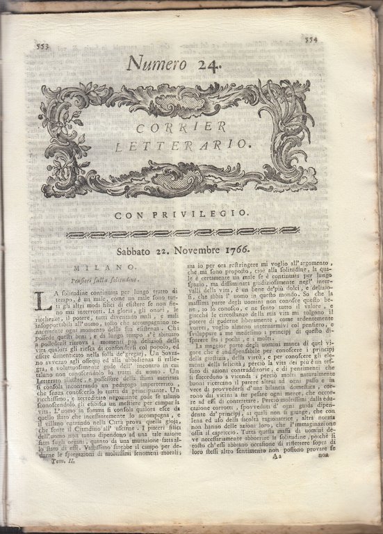 IL CORRIER LETTERARIO tomo II per l'anno 1766 Antonio Graziosi …