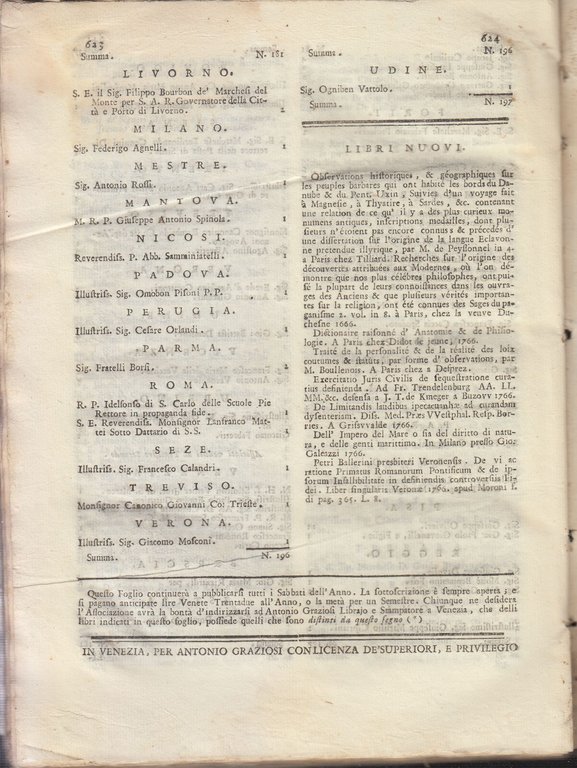 IL CORRIER LETTERARIO tomo II per l'anno 1766 Antonio Graziosi …