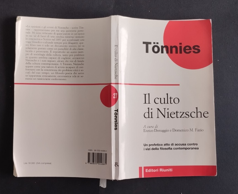 IL CULTO DI NIETZSCHE UNA CRITICA Ferdinand Tonnies 1998 editori …