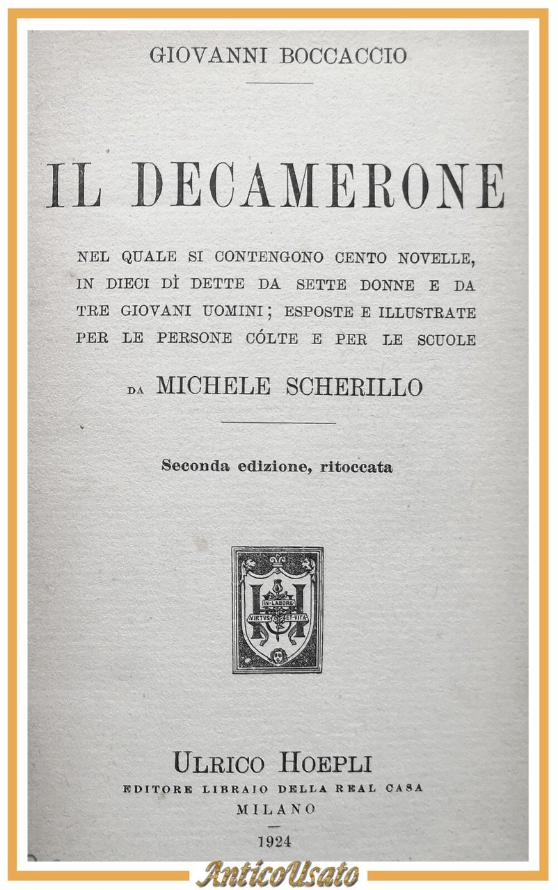 IL DECAMERONE di Giovanni Boccaccio 1924 Hoepli libro le dieci …