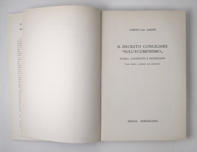 IL DECRETO CONCILIARE SULL'ECUMENISMO di Lorenz Jaeger 1965 Morcelliana Libro