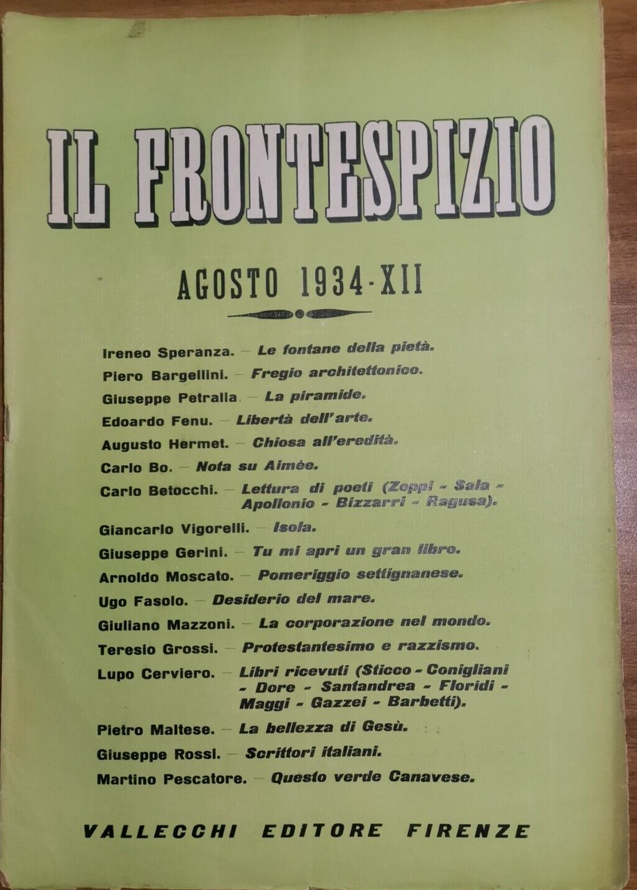 IL FRONTESPIZIO agosto 1934 Rivista letteratura Bargellini Bo Betocchi Moscato