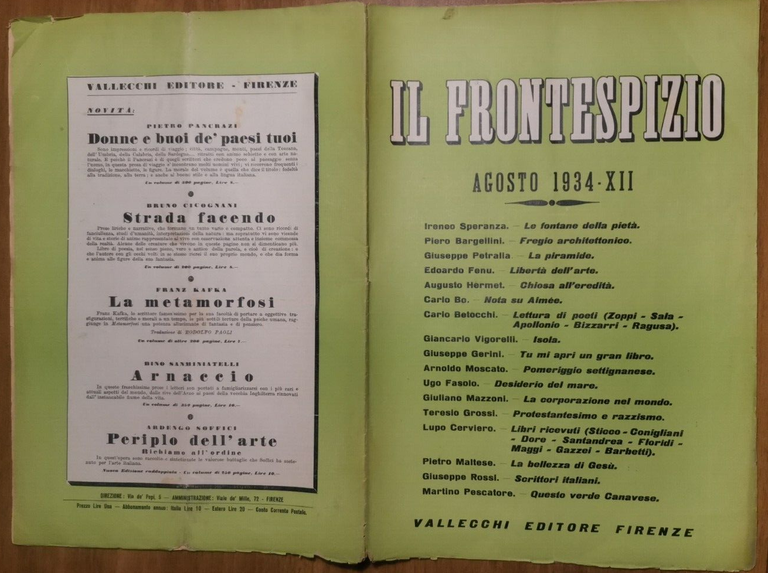 IL FRONTESPIZIO agosto 1934 Rivista letteratura Bargellini Bo Betocchi Moscato