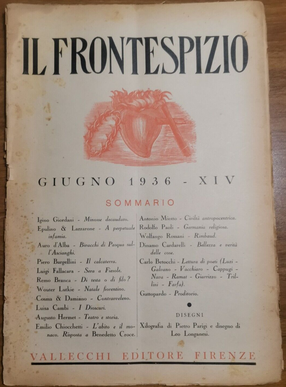 IL FRONTESPIZIO giugno 1936 Rivista letteratura Bargellini Giordani Branca Cambi