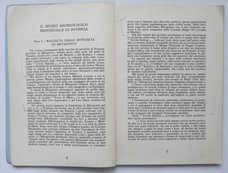 IL MUSEO ARCHEOLOGICO PROVINCIALE DI POTENZA Sestieri Bertarelli 1957 Libro