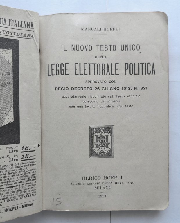 IL NUOVO TESTO UNICO DELLA LEGGE ELETTORALE POLITICA 1913 Hoepli …