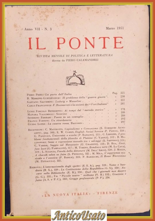 IL PONTE RIVISTA MENSILE DI POLITICA E LETTERATURA Calamandrei 1951  Nuov Italia