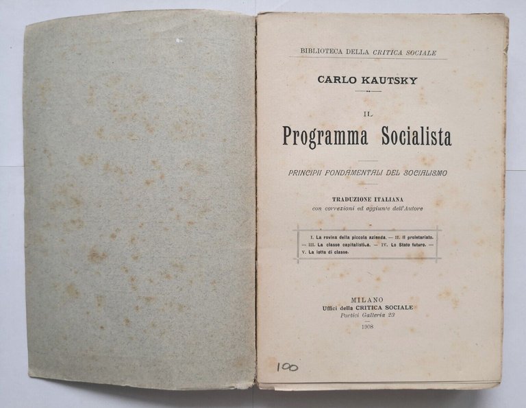 IL PROGRAMMA SOCIALISTA di Carlo Kautsky 1908 I edizione italiana …