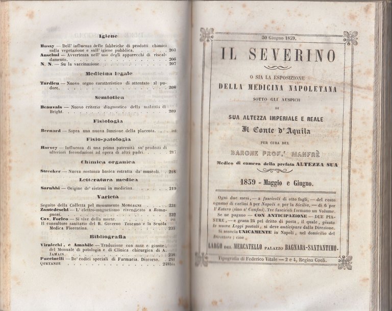 IL SEVERINO O DELLA MEDICINA NAPOLETANA di Manfrè 1859 annata …