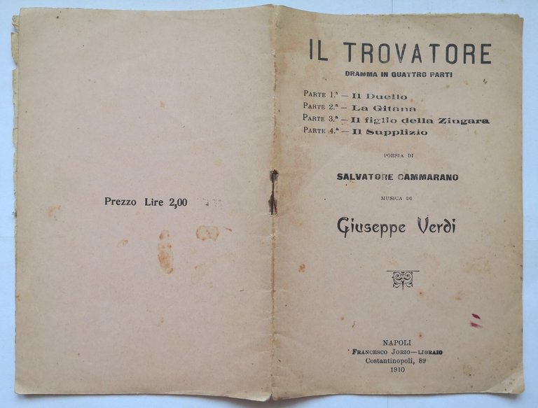 IL TROVATORE poesia di Salvatore Cammarano libretto d'opera Verdi 1910 …