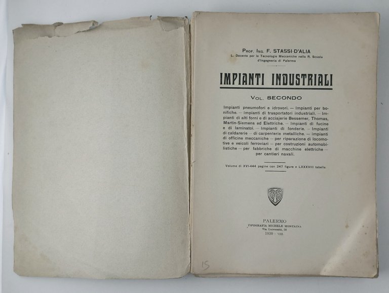 IMPIANTI INDUSTRIALI volume 2 di Stassi D'Alia 1930 Michele Montaina …