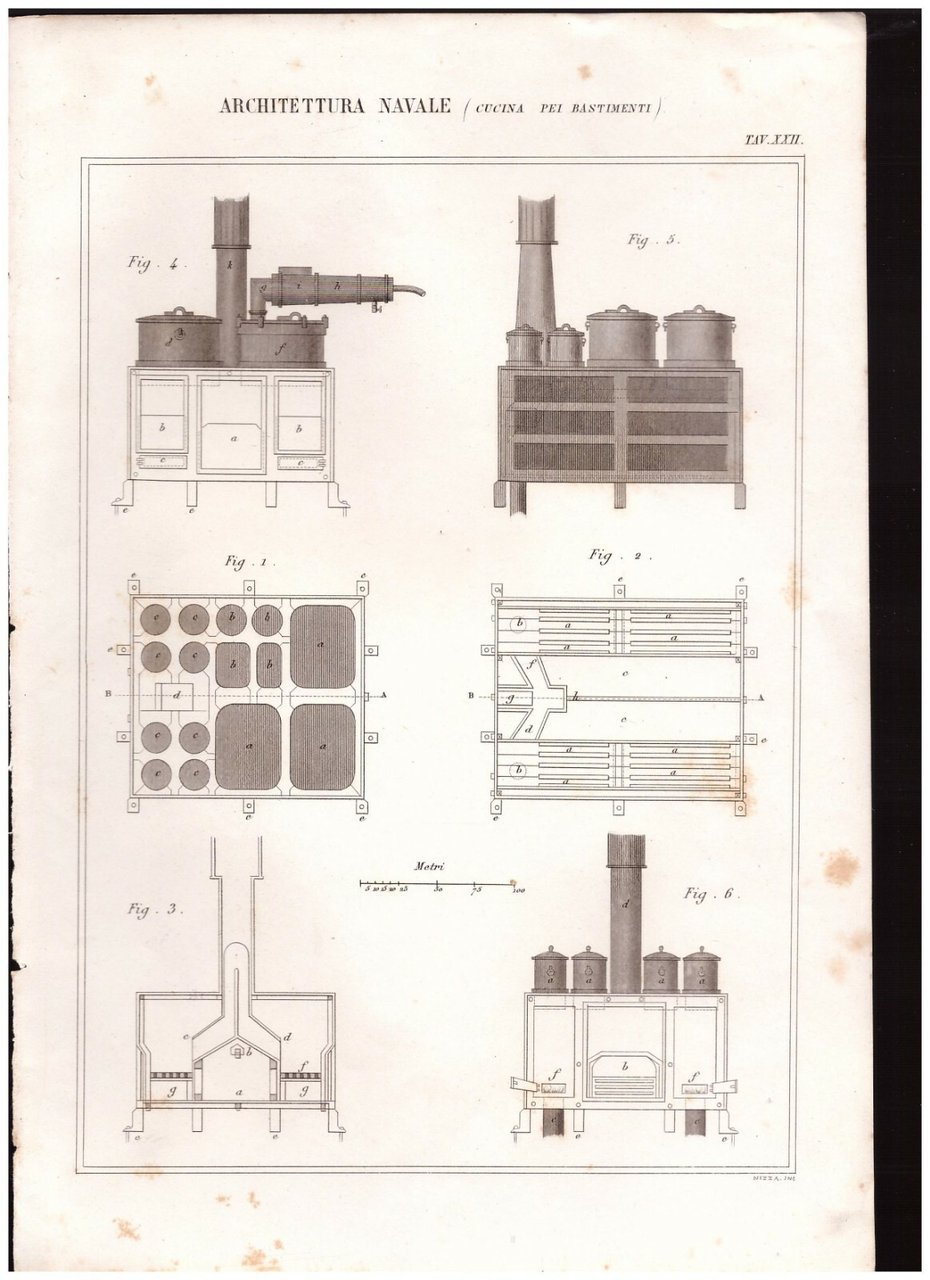 Incisione Antica ARCHITETTURA NAVALE cucina pei bastimenti 1866 da incorniciare
