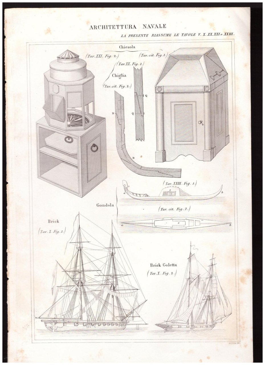 Incisione Antica ARCHITETTURA NAVALE Gondola Brick Goletta Chiesola STAMPA 1866