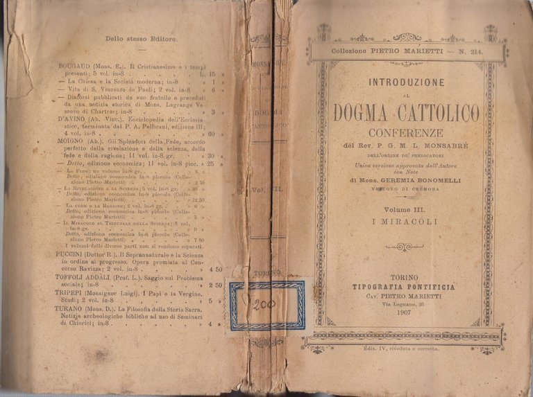 INTRODUZIONE AL DOGMA CATTOLICO VOLUME 3 I MIRACOLI DI Monsabrè …